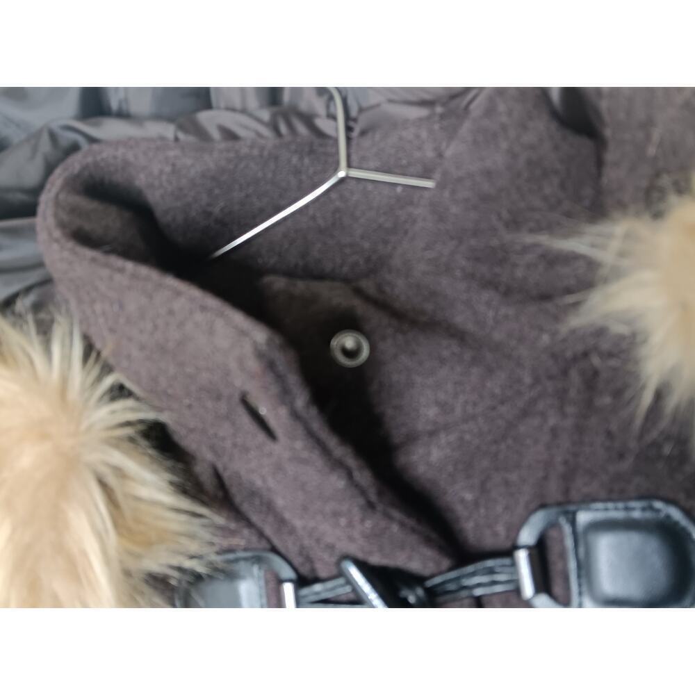 New Coffee Shop Wool Duffle Trench Coat Faux Fur Trimmed Hood XS Brown - Picture 6 of 14